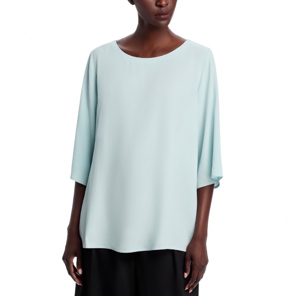 Eileen Fisher Silk Ballet Neck Top Clearwater Blue 3/4 Sleeve Blouse Large‎